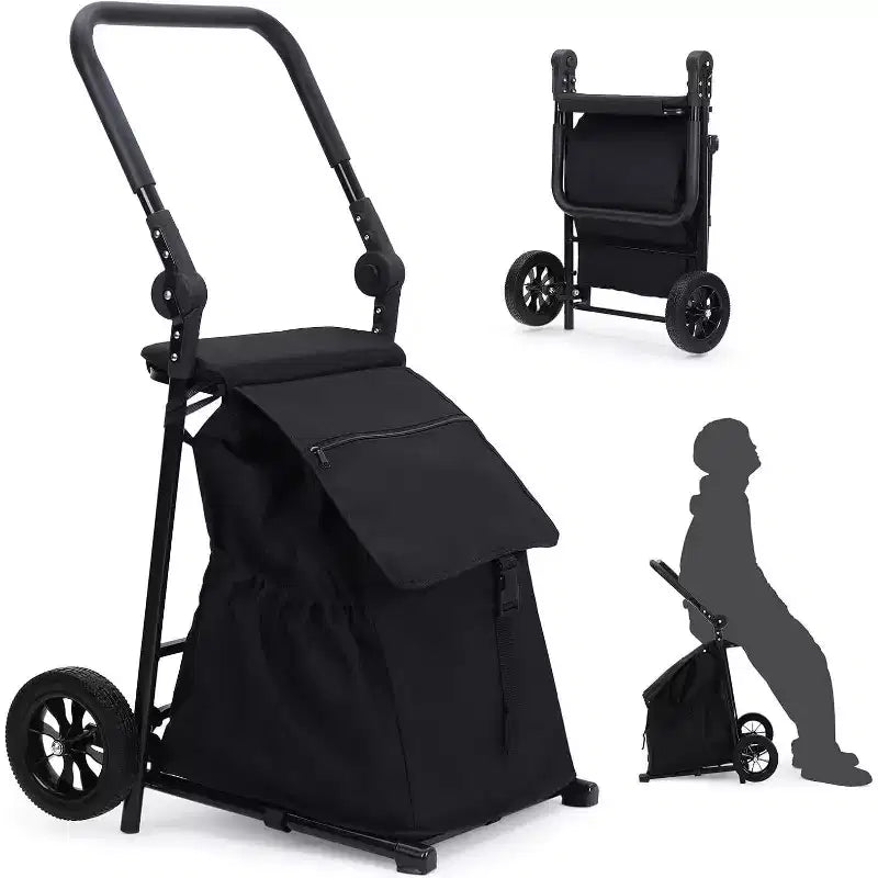Carrello Portapacchi Pieghevole Acekool 2 in 1 con Borsa Impermeabile Rimovibile, Sedile Imbottito Spesso e Manico Antiscivolo Regolabile, Nero