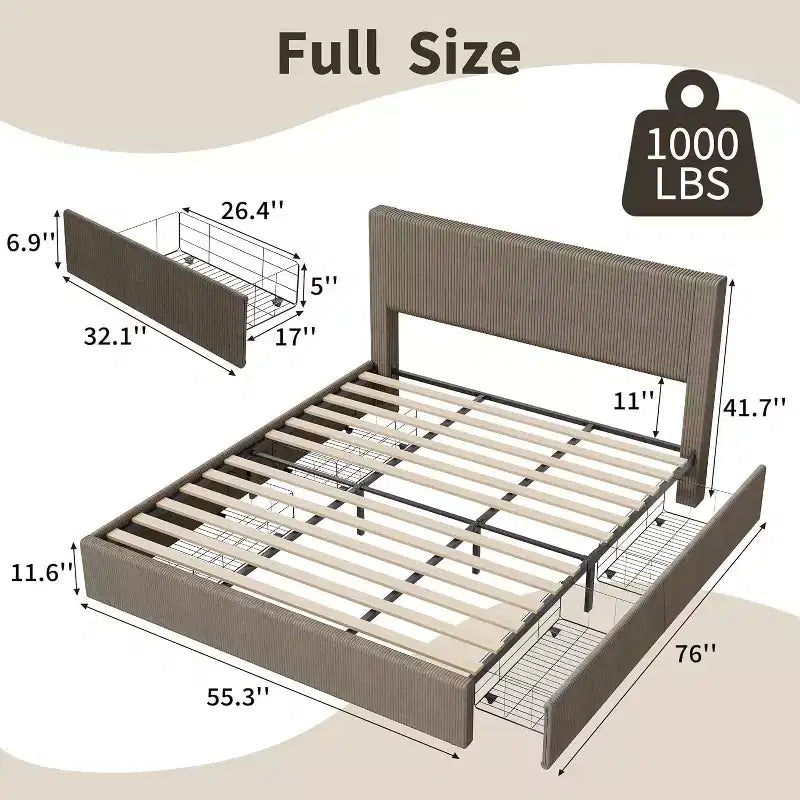 CuisinSmart - Struttura letto in velluto a coste con testiera, struttura letto imbottita con piattaforma con 4 cassetti portaoggetti e supporto a doghe in legno