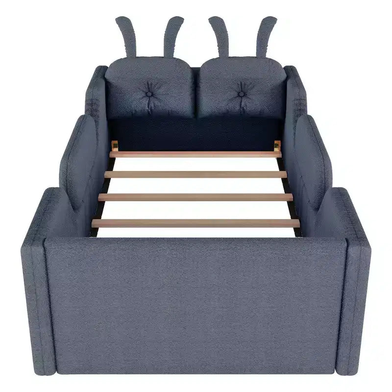 Whisen Twin - Letto a piattaforma, Letto imbottito da pavimento per bambini con cuscino a coniglio, Sponde laterali rimovibili