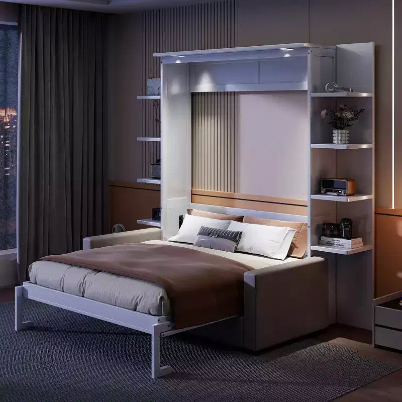 Letto a muro a scomparsa Whisen Modern Design con struttura in legno, Queen Size, con divano e mensole
