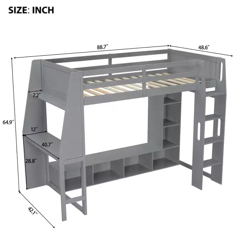 Letto a soppalco da gaming Whisen Wood, formato singolo, con scrivania, mensole multi-storage, LED e un appendiabiti
