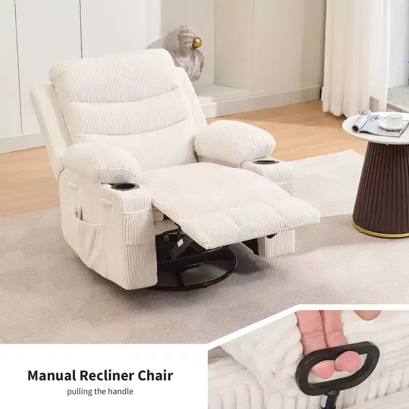 Poltrona Reclinabile Girevole a Dondolo con Massaggio e Riscaldamento, Girevole a 360° con Portabicchieri e Tasche Laterali, Divano Ergonomico per Soggiorno, Camper, Cameretta