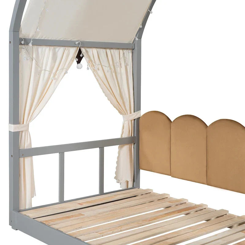 Letto a piattaforma in legno massiccio a forma di casetta, letto Montessori a terra con tetto ad arco e letto estraibile per bambine e bambini
