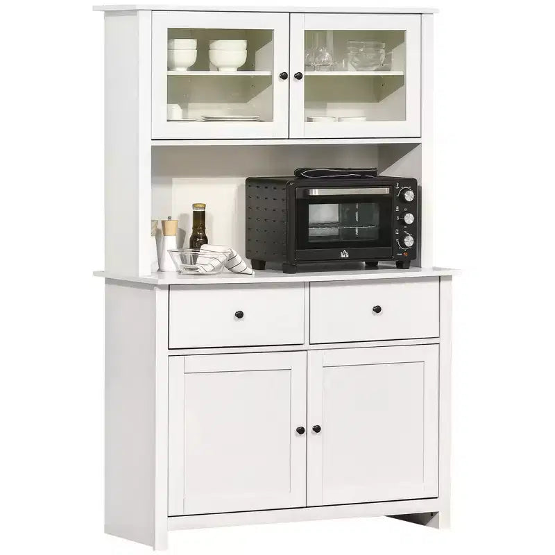 HOMCOM Credenza da Cucina 63,5 cm con Vetrina Superiore, Armadietto Dispensa con 4 Ripiani, Cassetti, Ante in Vetro, Ripiano Aperto per Microonde