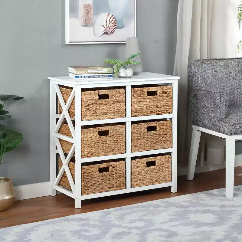 Cassettiera a 3 livelli con struttura a X e 6 cestini in giacinto d'acqua naturale di eHemco
