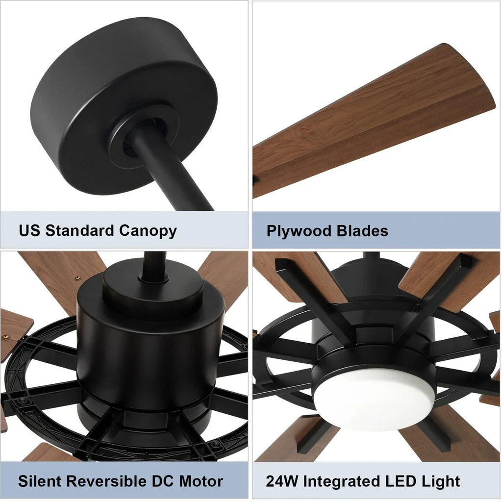 Ventilatore da soffitto con luci telecomandato e 8 grandi pale in legno