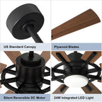 Ventilatore da soffitto con luci telecomandato e 8 grandi pale in legno