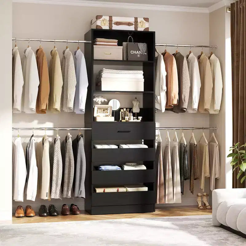 Besiost Sistema Organizer per Armadio in Legno 4-9 piedi con 4 Cassetti, 4 Aste Appendiabiti e Torri Scaffale