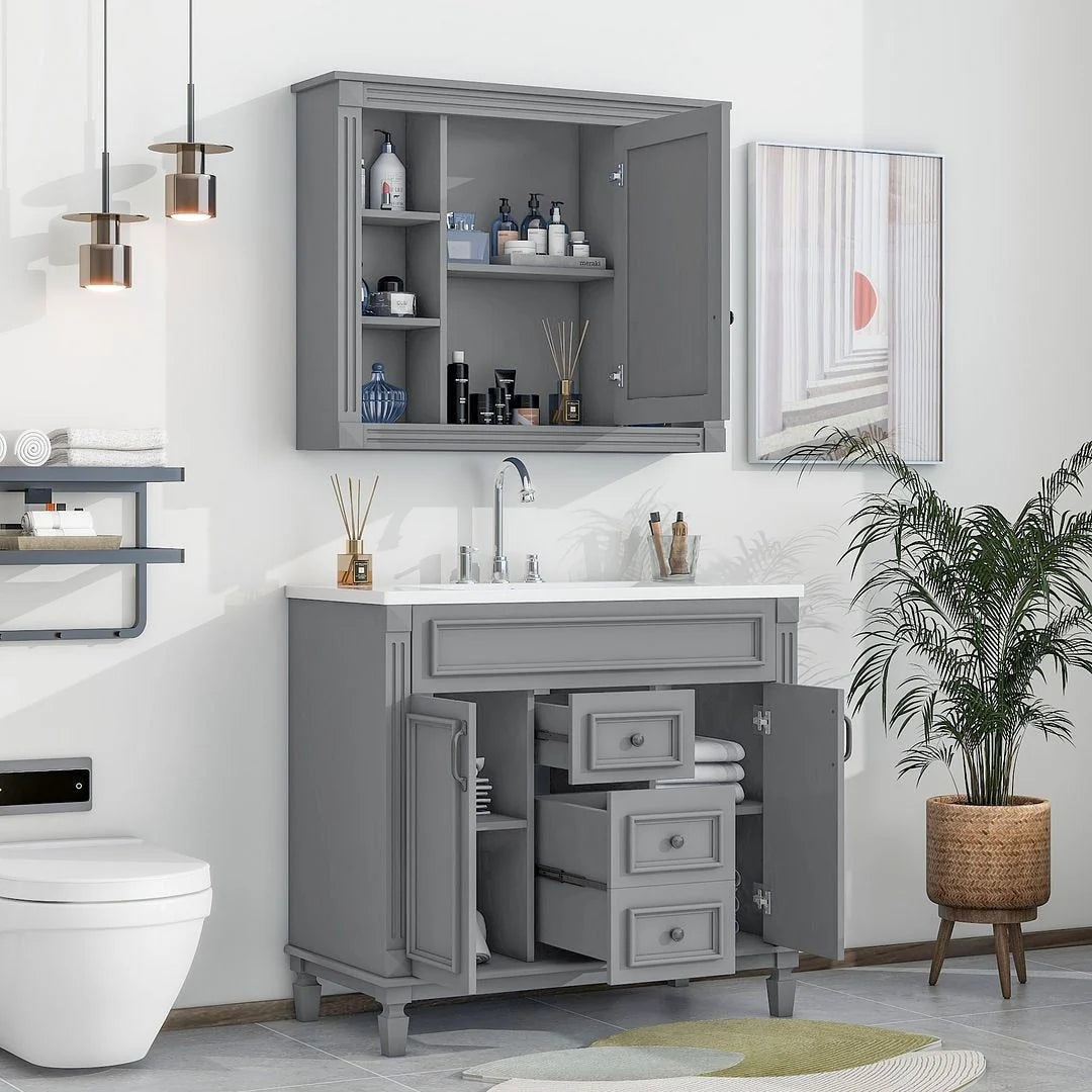 Mobile Bagno Moderno da 90cm con Lavabo Integrato e Specchiera, 2 Ante e 2 Cassetti