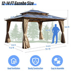 EROMMY Gazebo a tetto rigido, Pergola da esterno con doppio tetto, zanzariere e tende, Tenda da sole resistente per patio, cortile, feste in piscina