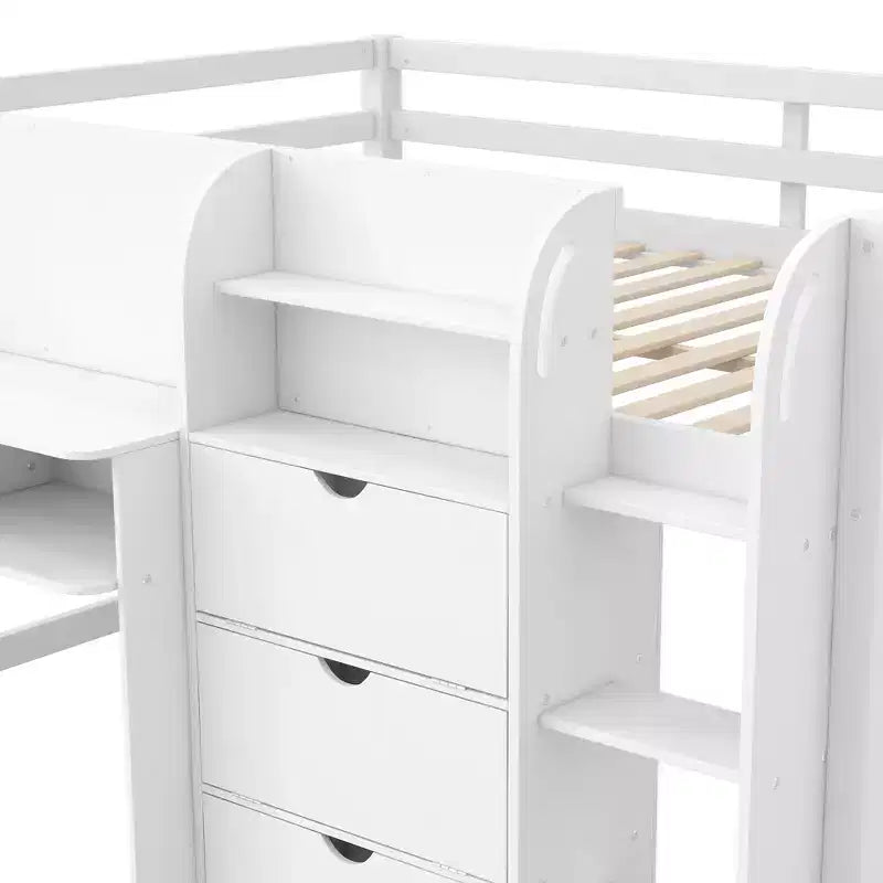 Letto a soppalco basso rosa/bianco con scrivania, contenitore e lavagna bianca – Singolo, 1 persona