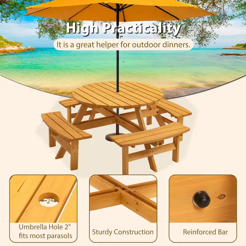 Set da pranzo rotondo da picnic per 8 persone in legno di abete da esterno con 4 panche integrate e foro per ombrellone