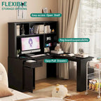 Scrivania a L con presa di corrente, scrivania per computer con cassetti, libreria e mobiletto, scrivania angolare moderna, scrivania per ufficio domestico