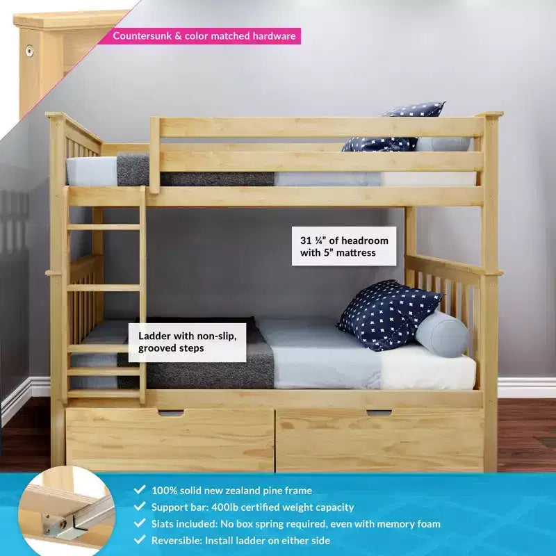 Letto a castello in legno massello singolo su singolo per bambini con cassetti portaoggetti sotto il letto