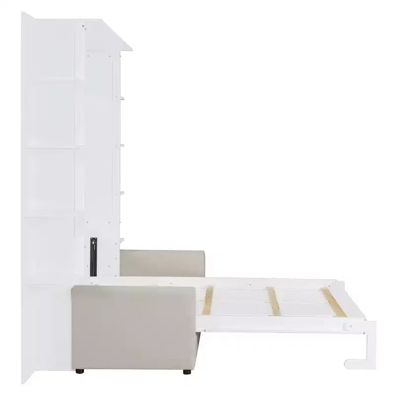 Letto a muro a scomparsa Whisen Modern Design con struttura in legno, Queen Size, con divano e mensole