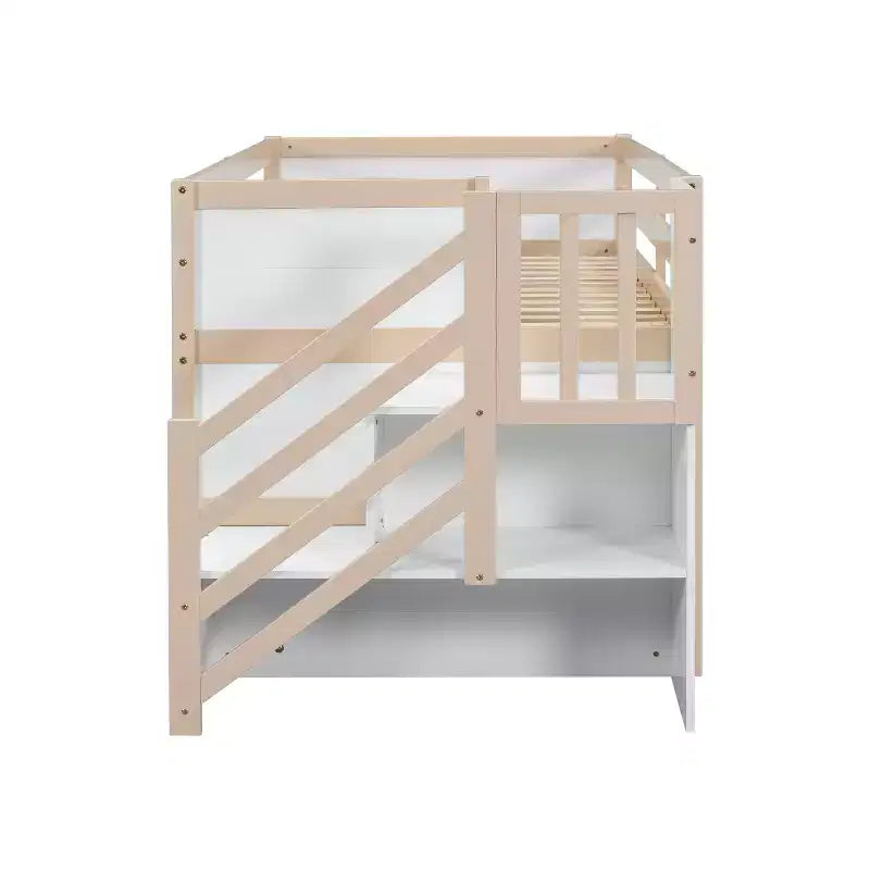 Letto a soppalco basso in legno massiccio, piazza e mezza, 94.6L x 42.3W, con scala, cassetto e mensola, design moderno e pulito