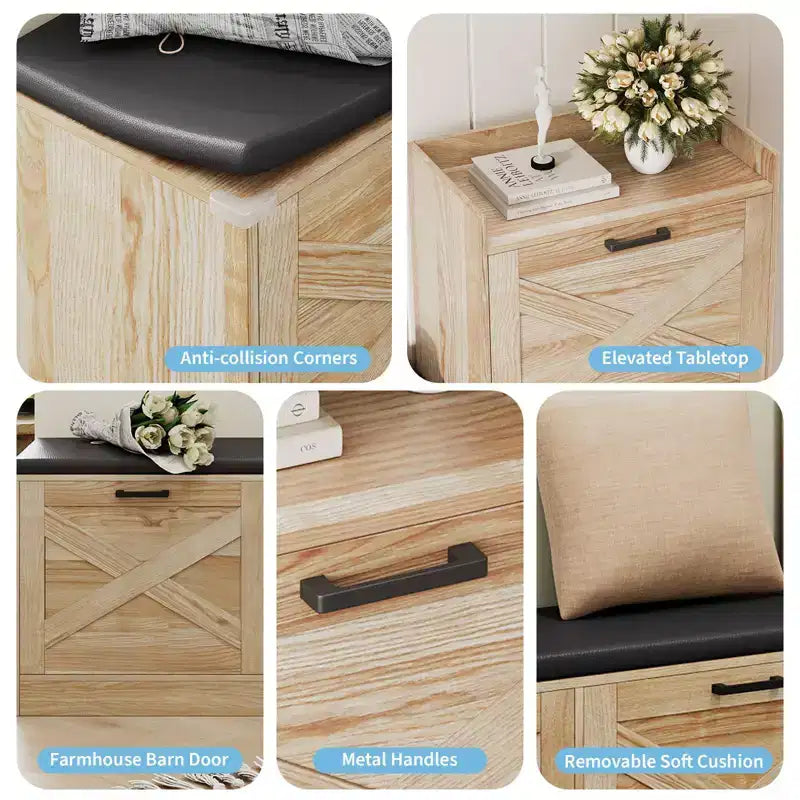Panca scarpiera da ingresso in legno stile rustico con 4 cassetti a ribalta, scarpiera sottile salvaspazio, mobile scarpiera autoportante per ingresso e corridoio