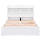 Letto matrimoniale con contenitore, rotelle estraibili, testiera libreria e stazione di ricarica, struttura letto in legno matrimoniale con mensole e cassetti