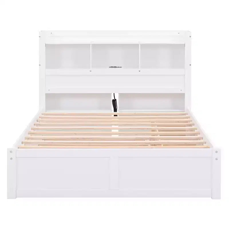 Letto matrimoniale con contenitore, rotelle estraibili, testiera libreria e stazione di ricarica, struttura letto in legno matrimoniale con mensole e cassetti