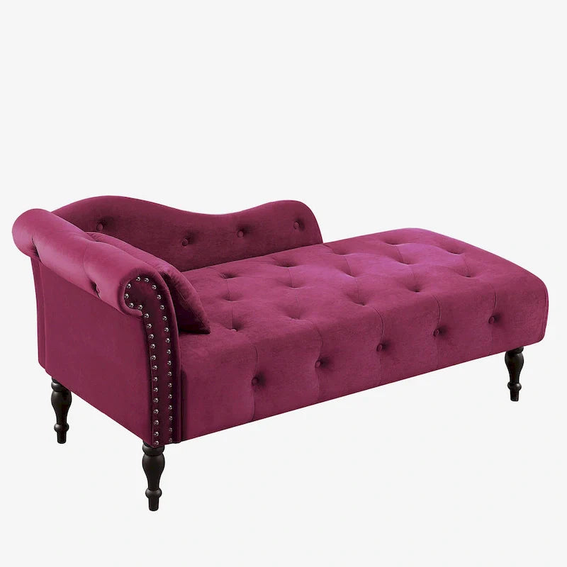 Moderna poltrona a sdraio imbottita in velluto da 60,6" con bottoni capitonné, gambe in legno massello e borchie