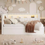Letto da Giorno Twin/Full con Letto Estraibile e Testiera a Libreria a L, Letto Angolare Imbottito in Lino con Ripiani Portaoggetti e Cinghia a LED