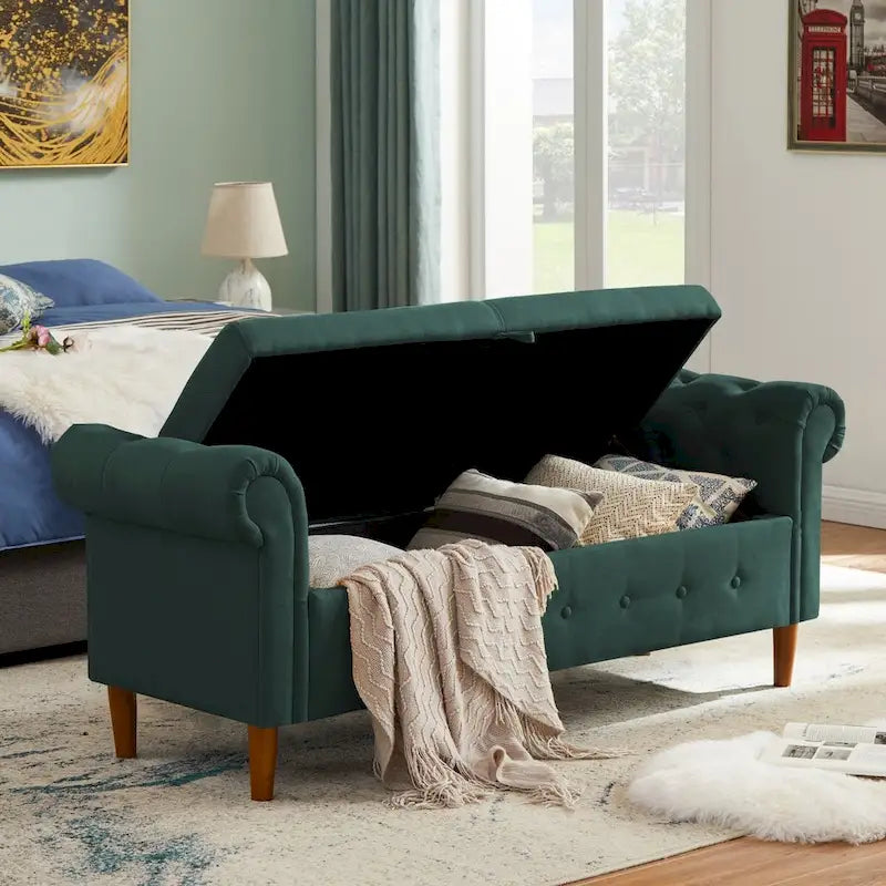 Panca contenitore per camera da letto, fondo letto, con braccioli arrotolati, in velluto, divano ottomana, panca lunga