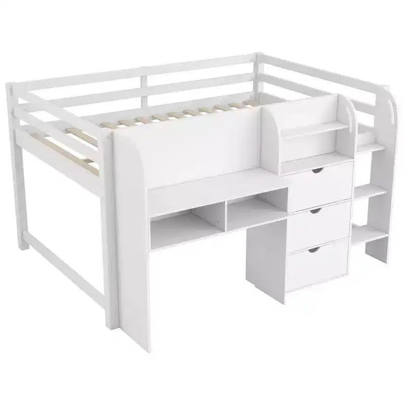 Letto a soppalco basso rosa/bianco con scrivania, contenitore e lavagna bianca – Singolo, 1 persona