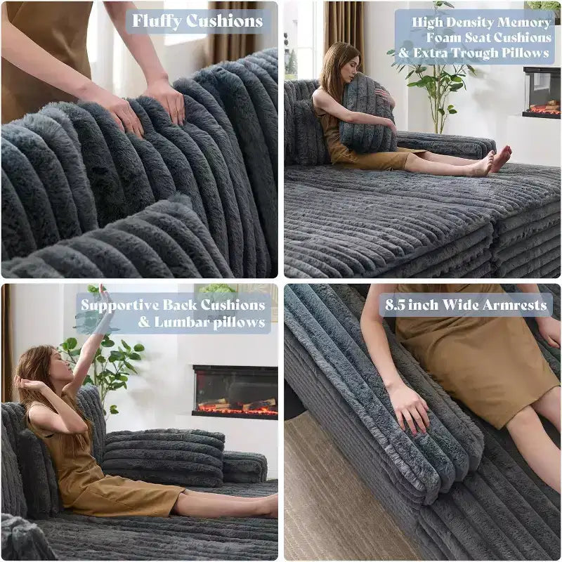 AMERLIFE 93 Divano a due posti con chaise longue doppia, Divano profondo "Cloud" con cuscini lombari e braccioli larghi, Facile da montare, Pelliccia sintetica