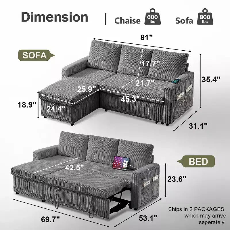 Dyonery Divano Letto Angolare 81, Divano Estraibile a L con Chaise Longue Reversibile con Contenitore, USB, Schienale Reclinabile