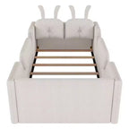 Whisen Twin - Letto a piattaforma, Letto imbottito da pavimento per bambini con cuscino a coniglio, Sponde laterali rimovibili