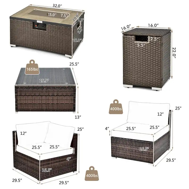 Set di mobili da giardino in rattan da 8 pezzi con braciere, supporto per bombole e copertura