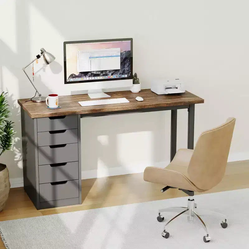 Scrivania per computer da 47 pollici con 5 cassetti, tavolo da studio/scrittura moderno rustico reversibile, workstation per ufficio domestico per piccoli spazi