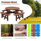 Set da pranzo rotondo da picnic per 8 persone in legno di abete da esterno con 4 panche integrate e foro per ombrellone
