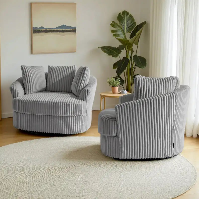 Set di 2 Poltrone Girevoli a Barilotto Oversize da 43" in Velluto a Coste Felpato con Cuscini