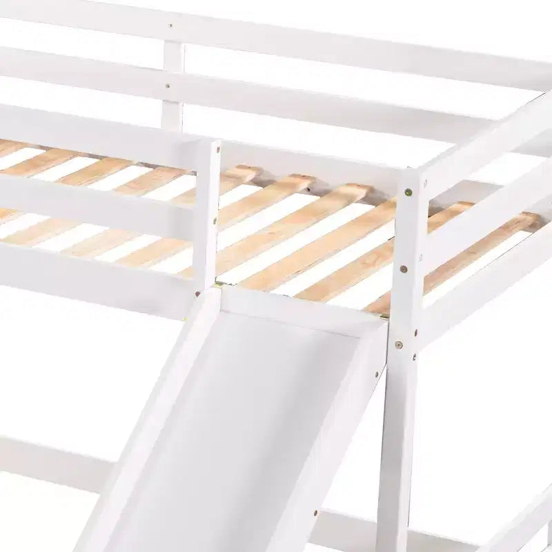 Letto a castello a L per 4 bambini, letto a castello quadruplo con scivolo, struttura in legno full e twin per cameretta dormitorio