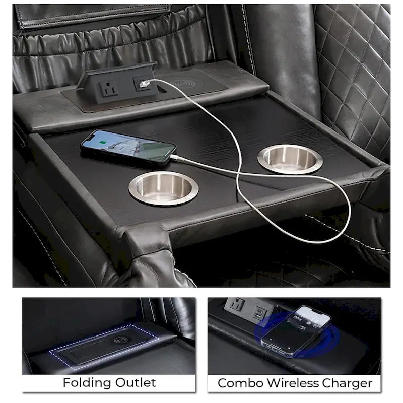 Divano Reclinabile Elettrico con Caricatore Wireless, Luce da Lettura per Soggiorno, Luce LED in Similpelle, Porta AC/USB, Portabicchieri, Nero