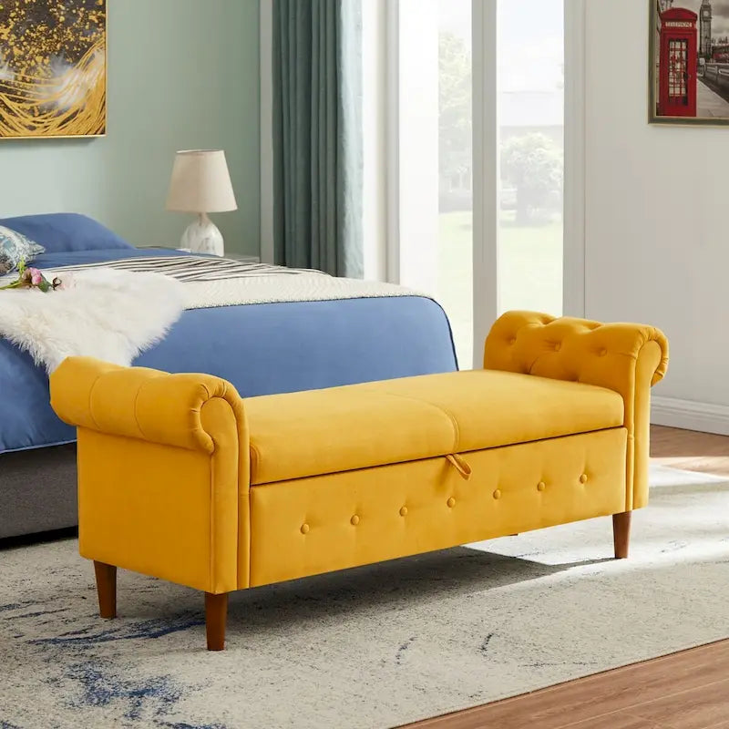Panca contenitore per camera da letto, fondo letto, con braccioli arrotolati, in velluto, divano ottomana, panca lunga
