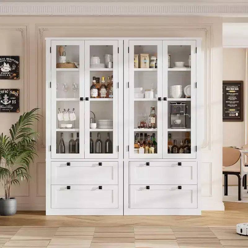 Dispensa da Cucina Coloniale con Ante in Vetro, Armadio Contenitore da 72 pollici con Cassetti e Ripiani Regolabili per Sala da Pranzo Bagno Soggiorno
