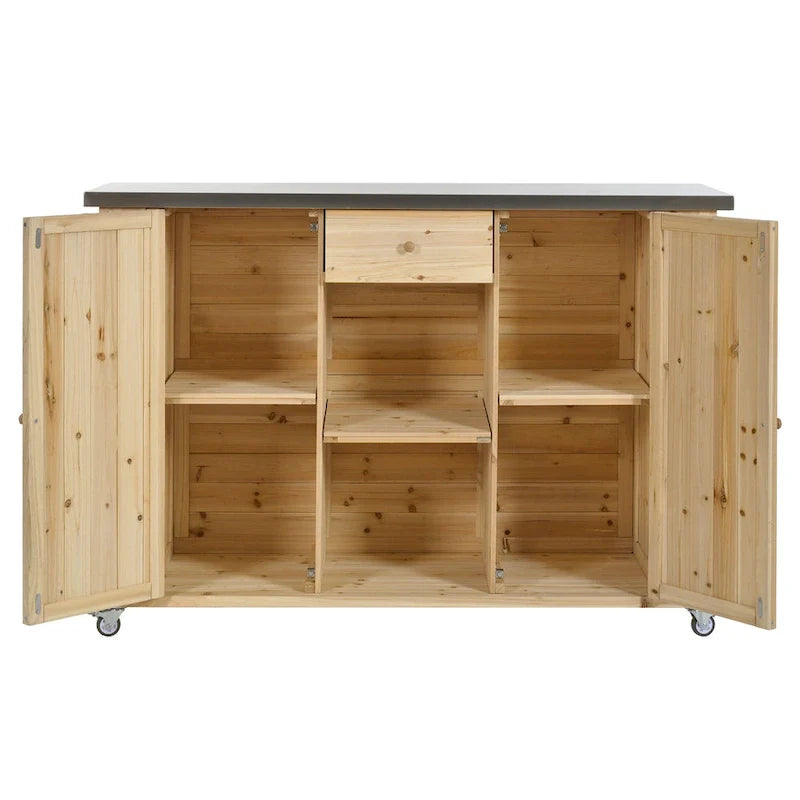Isola da cucina per esterno, in legno di abete rustico con piano in acciaio inossidabile e vani intelligenti