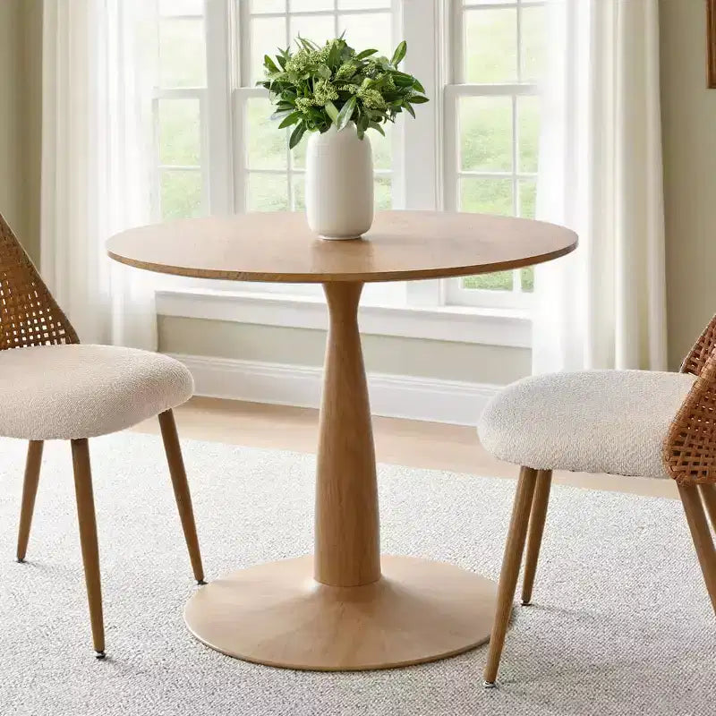 Tavolo da pranzo rotondo moderno con base a piedistallo con finitura effetto legno, tavolino da caffè piccolo per appartamento, sala da pranzo e salotto-Panipeachy