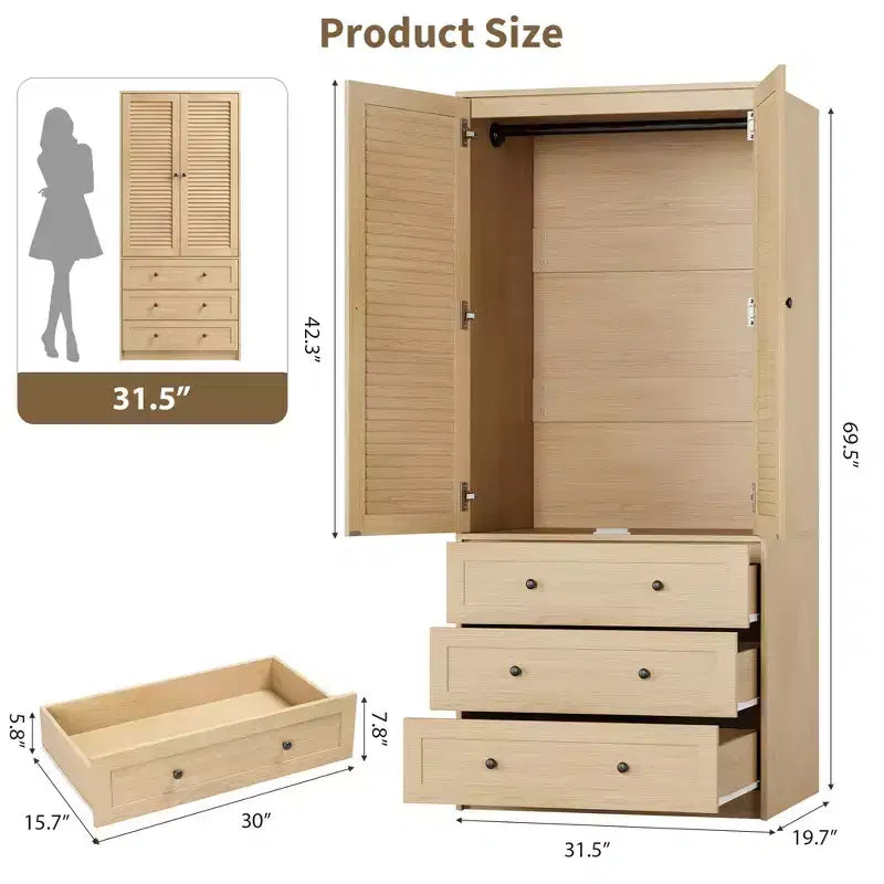 COZONY Armadio Guardaroba con 3 Cassetti e 2 Ante, Armadio Moderno in Legno per Camera da Letto, Armadio Alto Bianco Resistente