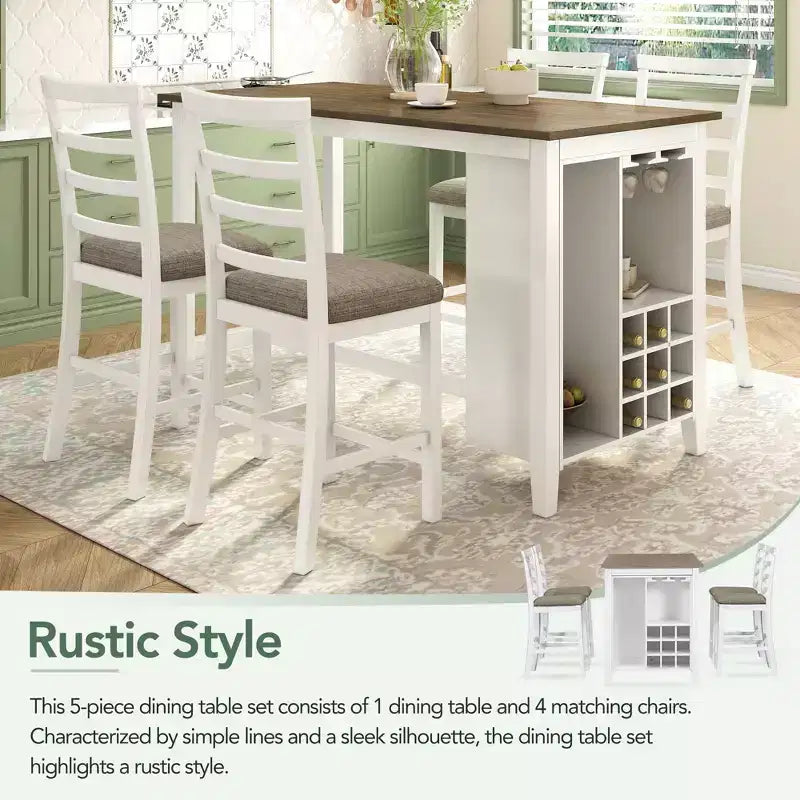 Set da pranzo da 5 pezzi in stile rustico ad altezza bancone con sedie per 4 persone, tavolo rettangolare in legno con ripiani e scomparto per bar/vino