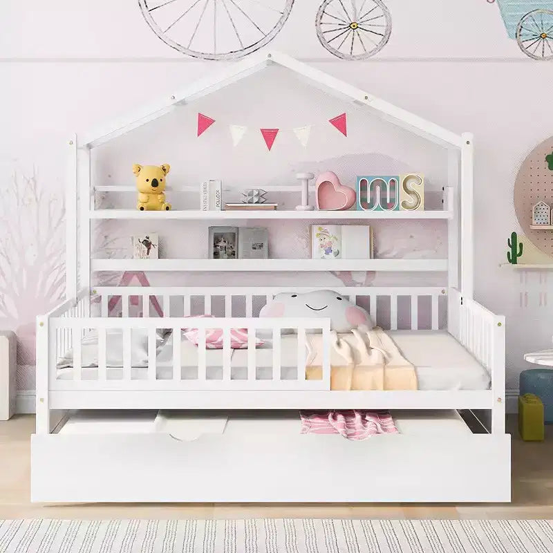 Acekool Letto a capanna a grandezza naturale con letto estraibile singolo, cassetti e ripiani portaoggetti, tetto e recinzione, letto a piattaforma per bambini, bianco