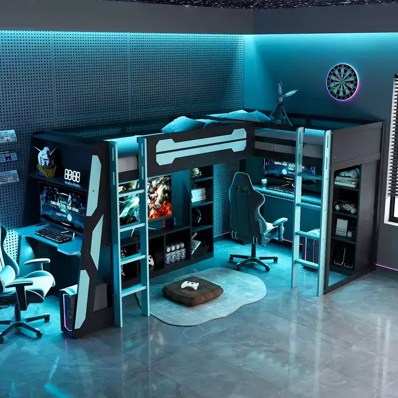 Letto a soppalco a L da gaming con scrivanie, letti a soppalco doppi con luci LED, porte USB, scaffali portaoggetti, letto a soppalco ad angolo in legno per 2
