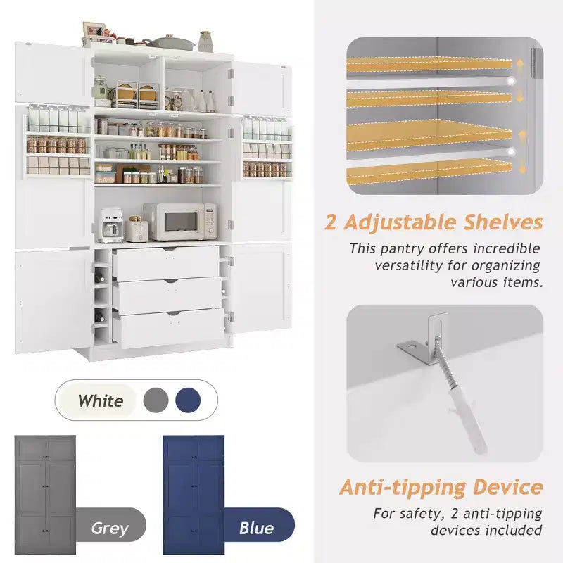 Dispensa Alta da Cucina con Prese di Corrente, Grande Credenza Autoportante con Supporto per Microonde, Cassetti, Scaffali, Portabottiglie e Ante con Ripiani