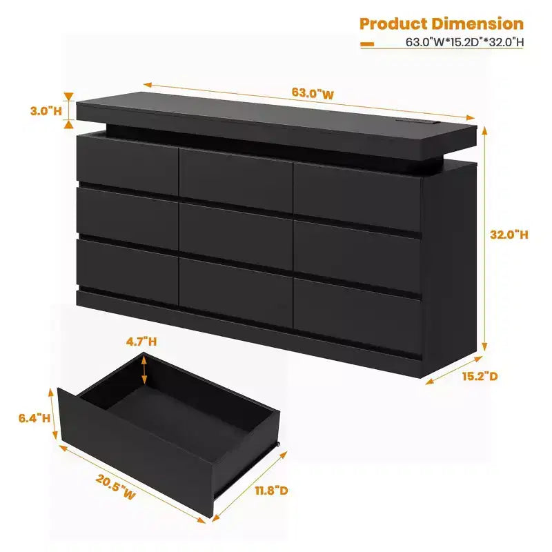 Comò a 9 cassetti per camera da letto, cassettiera con stazione di ricarica e luci LED, armadio doppio in legno, comò moderno porta TV