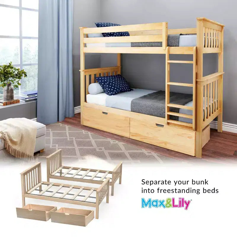 Letto a castello in legno massello singolo su singolo per bambini con cassetti portaoggetti sotto il letto