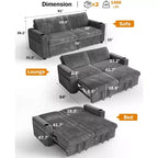 Divano Letto Sezionale Dyonery 91 con Letto Estraibile, Schienale Reclinabile/Due Letti Estraibili/Porte USB/Portabicchieri, Velluto a Coste Peluche