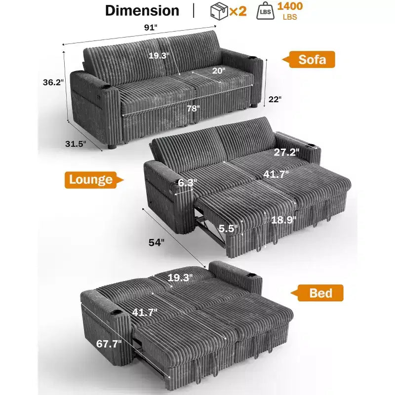 Divano Letto Sezionale Dyonery 91 con Letto Estraibile, Schienale Reclinabile/Due Letti Estraibili/Porte USB/Portabicchieri, Velluto a Coste Peluche