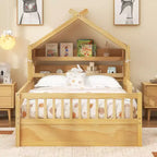 Letto a Capanna ModernLuxe per Bambini, Misura Singola/Piazza e Mezza, in Legno con Testiera Contenitore, Struttura in Pino Massiccio con Sponde di Protezione